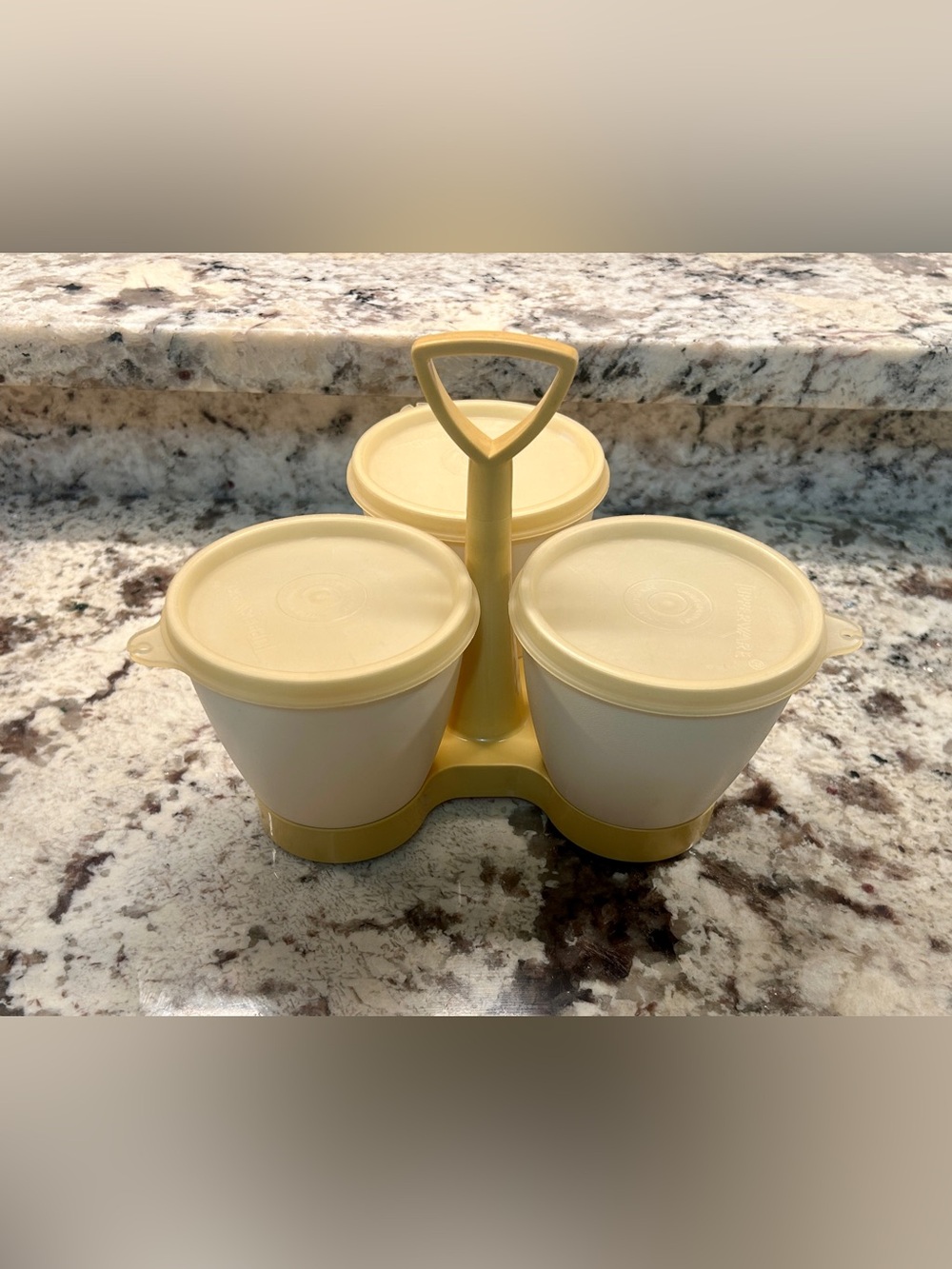 Vintage Tupperware Serving & Storage Caddy with 3 Bowls, Serving Spoon, Handle